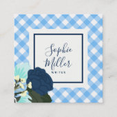 Blauwe Rozen Floral en Blue Gingham Vierkante Visitekaartje (Voorkant)