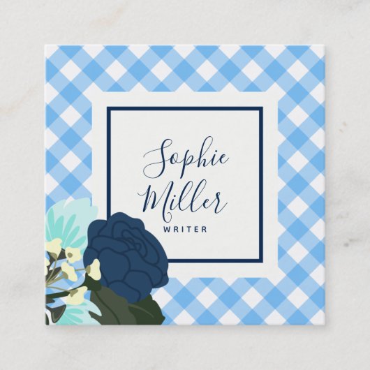 Blauwe Rozen Floral en Blue Gingham Vierkante Visitekaartje (Voorkant)