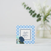 Blauwe Rozen Floral en Blue Gingham Vierkante Visitekaartje (Staand voorkant)