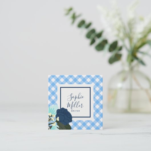Blauwe Rozen Floral en Blue Gingham Vierkante Visitekaartje (Staand voorkant)