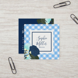 Blauwe Rozen Floral en Blue Gingham Vierkante Visitekaartje