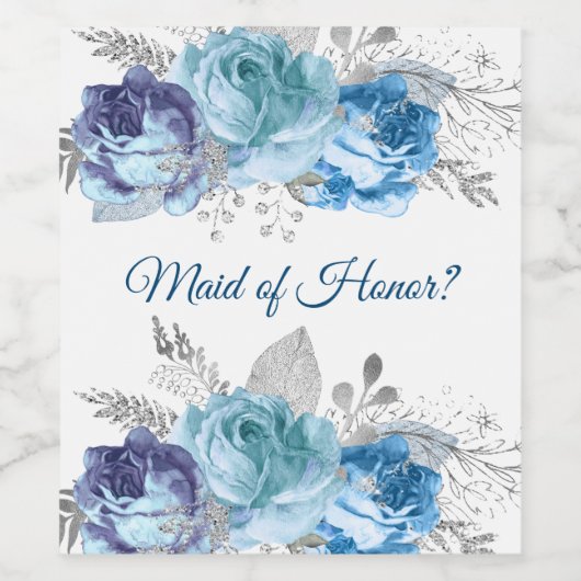 Blauwe Rozen glinsterende bladeren Wijn Etiket (Enkel label)