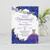 Blauwe Rozen Glitter Dress Fiesta Quinceañera Invi Kaart (Staand voorkant)