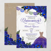 Blauwe Rozen Glitter Dress Fiesta Quinceañera Invi Kaart (Voorkant / Achterkant)