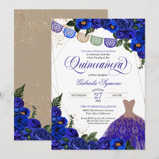 Blauwe Rozen Glitter Dress Fiesta Quinceañera Invi Kaart (Voorkant / Achterkant)