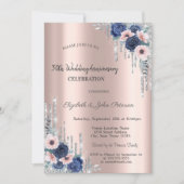 Blauwe Rozen Glitter Druppels Roze Goud Jubileum Kaart (Voorkant)