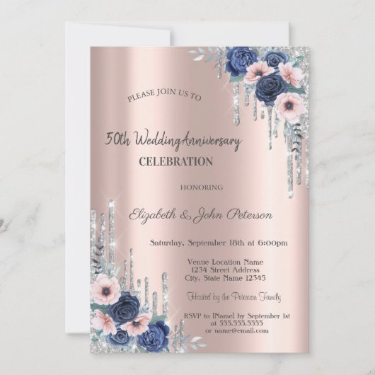 Blauwe Rozen Glitter Druppels Roze Goud Jubileum Kaart (Voorkant)