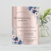 Blauwe Rozen Glitter Druppels Roze Goud Jubileum Kaart (Staand voorkant)