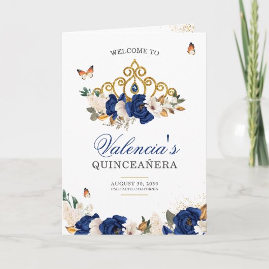 Blauwe Rozen Gold Tiara Butterfly Quinceanera Programma (Voorkant)