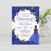 Blauwe Rozen & Gouden Fantasie Baljurk Quinceanera Kaart (Staand voorkant)