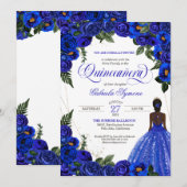 Blauwe Rozen & Gouden Fantasie Baljurk Quinceanera Kaart (Voorkant / Achterkant)