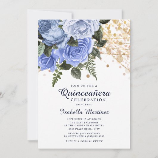 Blauwe Rozen Gouden Glitter Slingerlichten Quincea Kaart (Voorkant)
