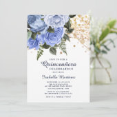 Blauwe Rozen Gouden Glitter Slingerlichten Quincea Kaart (Staand voorkant)