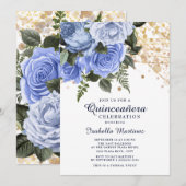 Blauwe Rozen Gouden Glitter Slingerlichten Quincea Kaart (Voorkant / Achterkant)