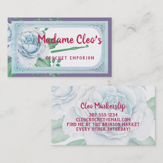 Blauwe  rozen haakwerk visitekaartje (Voorkant / Achterkant)