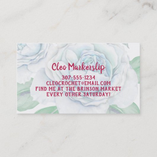 Blauwe  rozen haakwerk visitekaartje (Achterkant)