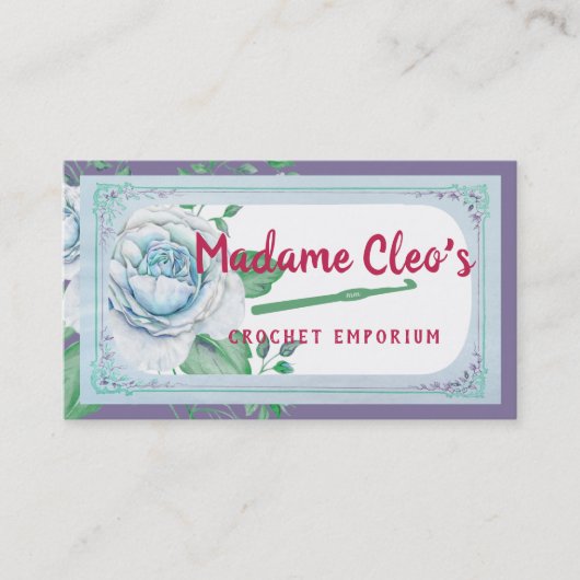 Blauwe  rozen haakwerk visitekaartje (Voorkant)