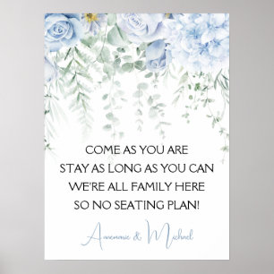 Blauwe Rozen Hydrangea's Geen Zitplaatsplan Huweli Poster