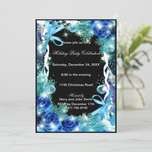Blauwe Rozen kerstfeest uitnodiging (Staand voorkant)