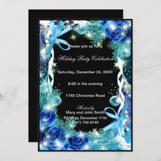 Blauwe Rozen kerstfeest uitnodiging (Voorkant / Achterkant)