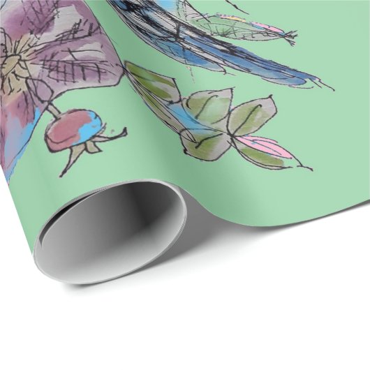 Blauwe Rozen kunstbloemen Waterverf Verpakking Cadeaupapier (Rol Hoek)