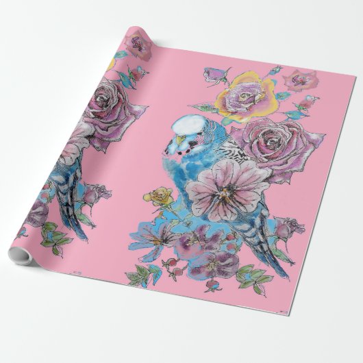 Blauwe Rozen kunstbloemen Waterverf Verpakking Cadeaupapier (Uitgerold)