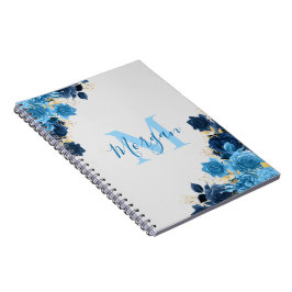 Blauwe Rozen met Gold Glitter Script-monogrammen Notitieboek