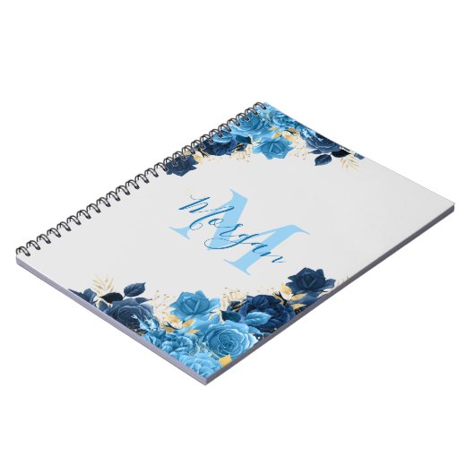 Blauwe Rozen met Gold Glitter Script-monogrammen Notitieboek (Linkerzijde)