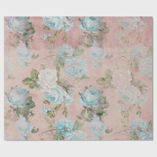 Blauwe Rozen op Blush Pink Cadeaupapier (Vlak)