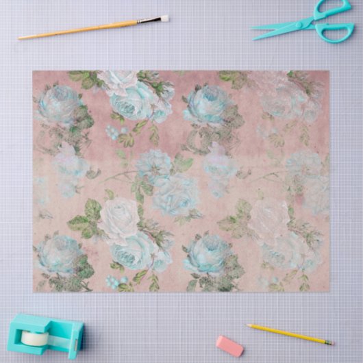 Blauwe Rozen op Blush roze loskoppeling Tissuepapier (Craft)