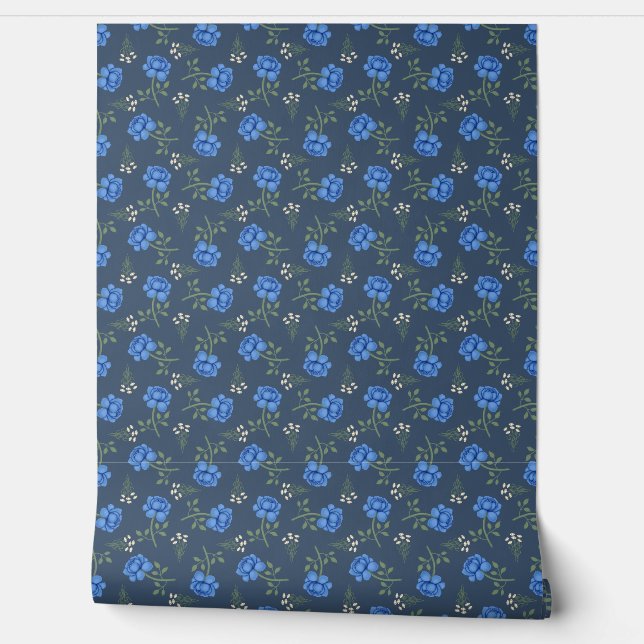 Blauwe Rozen op Donkerblauwe Calico Behang (Afrollen)