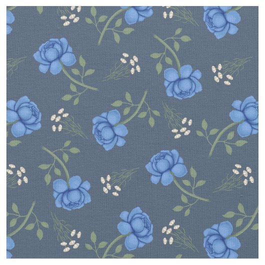 Blauwe Rozen op Dusky Blue Calico Stof (Close Up)