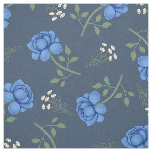 Blauwe Rozen op Dusky Blue Oversized Calico Stof (Swatch)