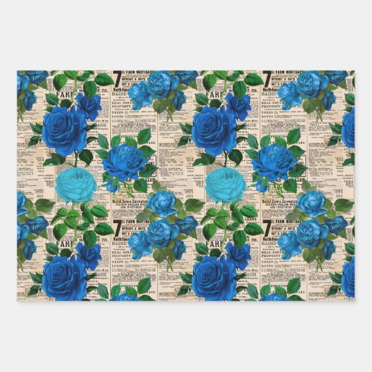 Blauwe Rozen op  krantenpapier Inpakpapier Vel (Voorkant 3)