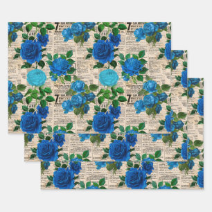 Blauwe Rozen op  krantenpapier Inpakpapier Vel