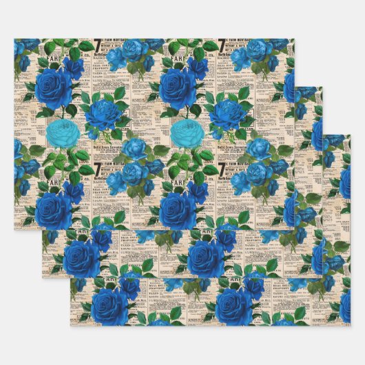 Blauwe Rozen op  krantenpapier Inpakpapier Vel (Set)