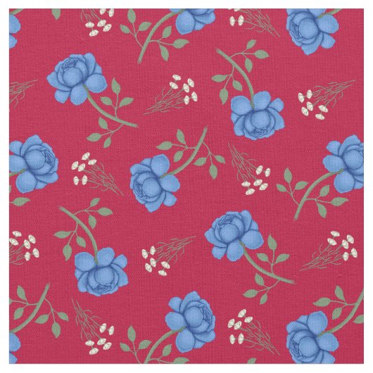 Blauwe Rozen op Red Calico Stof (Close Up)