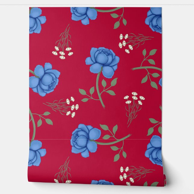 Blauwe Rozen op Red Oversized Calico Behang (Afrollen)