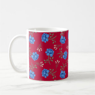 Blauwe Rozen op Rode Oversized Calico Koffiemok