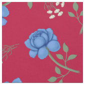 Blauwe Rozen op Rode Oversized Calico Stof (Close Up)