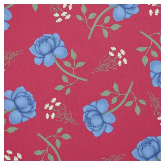 Blauwe Rozen op Rode Oversized Calico Stof (Swatch)