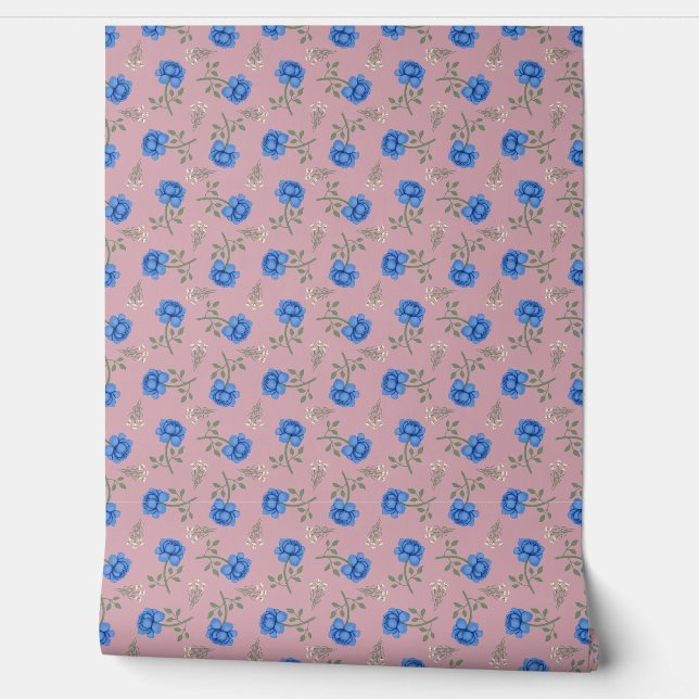 Blauwe Rozen op Roze Calico Behang (Afrollen)