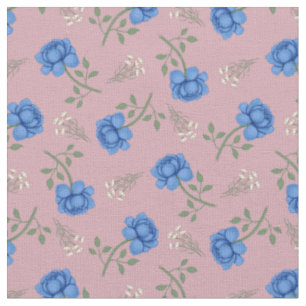 Blauwe Rozen op Roze Calico Stof