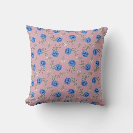 Blauwe Rozen op Roze Oversized Calico Kussen (Voorkant)