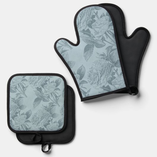  blauwe Rozen Ovenwant & Pannenlap Set (Voorkant / Achterkant)