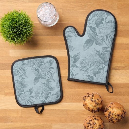  blauwe Rozen Ovenwant & Pannenlap Set (Top down)