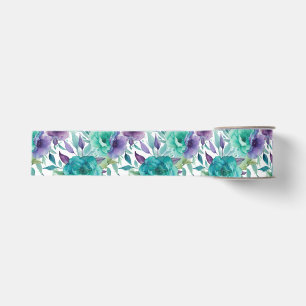 Blauwe Rozen Paarse Waterverf Bloemen Grosgrain Lint