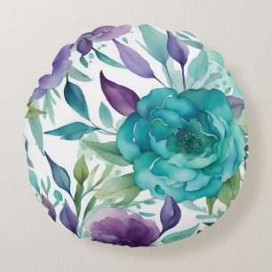 Blauwe Rozen Paarse Waterverf Bloemen Rond Kussen