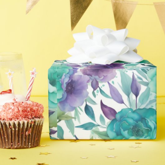 Blauwe Rozen Paarse Waterverf Blooms Cadeaupapier (Verjaardagsfeest)