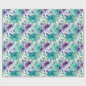 Blauwe Rozen Paarse Waterverf Blooms Cadeaupapier (Vlak)